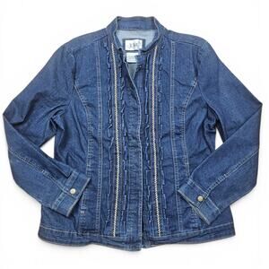 LAL Live A Little Denim Jacket Women's L Y2K Ruffle Zip Snap Stretch Jean Jacket